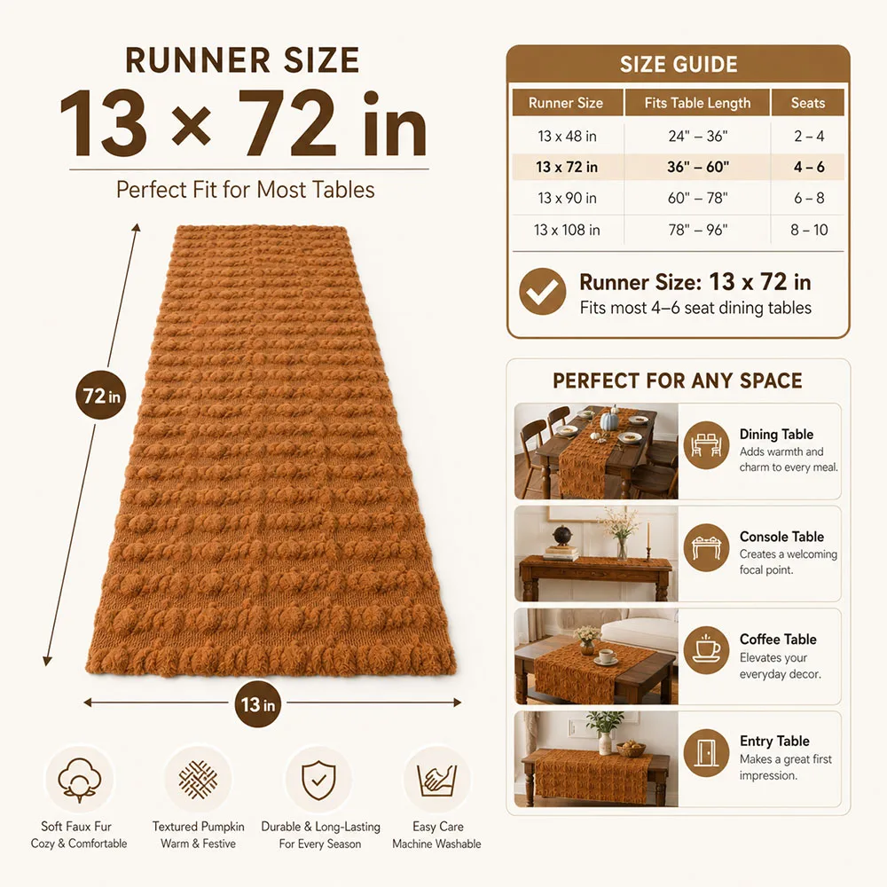 Caramel Faux Fur Pumpkin Table Runner 13x72 Inch 3D Plush Fall Thanksgiving Table Decor for Dining Room Kitchen Home Party