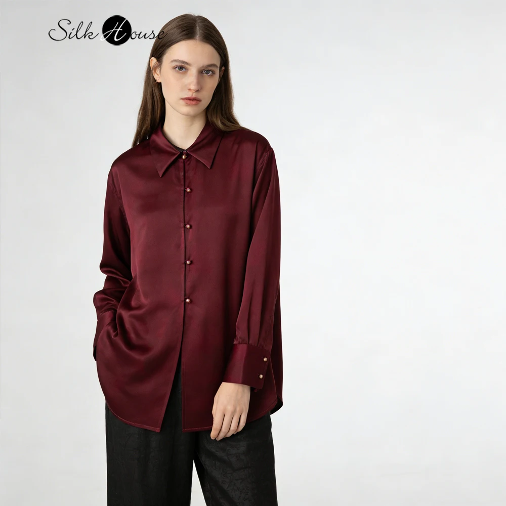

Plus Size Retro Rose Printed Heavy Satin 100% Natural Mulberry Silk Fragrant Cloud Yarn Commuting Style Lapel Long Sleeve Shirt