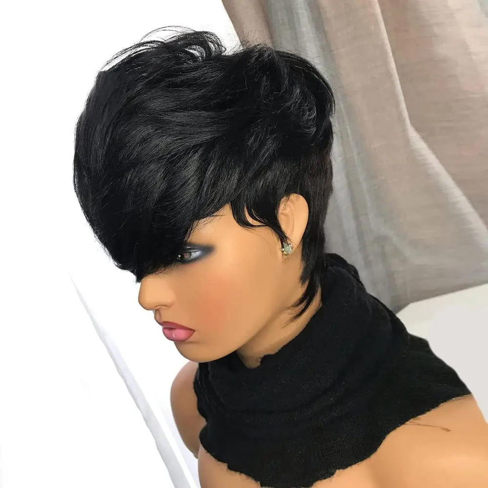 6 Inch Short Pixie Cut  Human Hair Wig For Black Women\'s Machine Made Bob Natural Black Hair Wig with Bangs