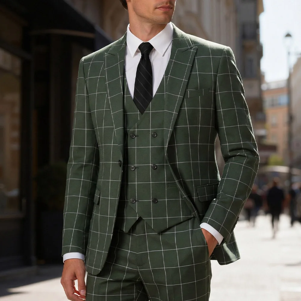 

IN STOCK Men's Plaid Suits Double Breasted Vest Slim Fit Men's Business Suit For Wedding （Blazer+Vest+Pants）