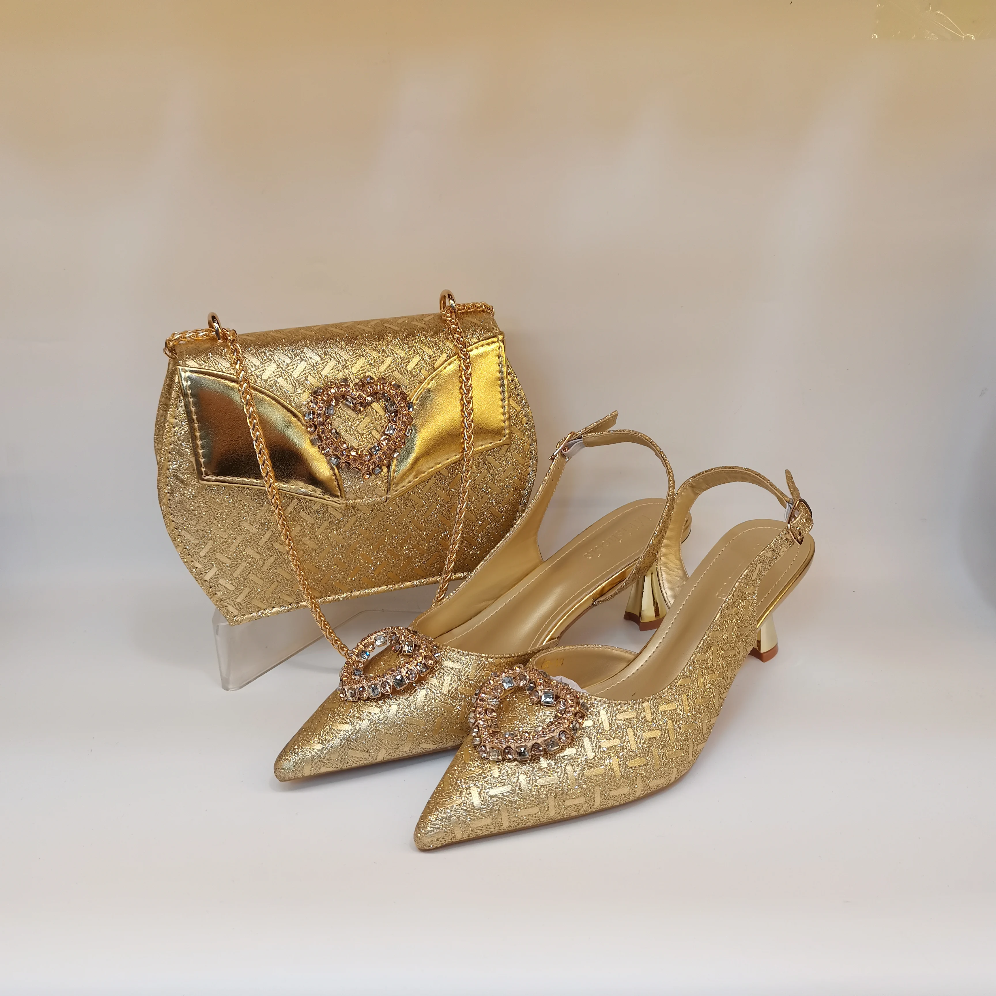 

Fashion High Heels Rhinestone Shoes and Bag Set for Women Italian Design Pointed Toe Shoes and Bags Set for Party 7cm F5-1128-3