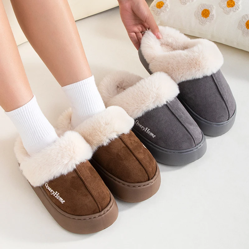 Queey Home Winter Women Flat-Bottomed Plush Commute Solid Color Versatile Cotton Slippers Warm Cozy Indoor-Outdoor Man Slippers