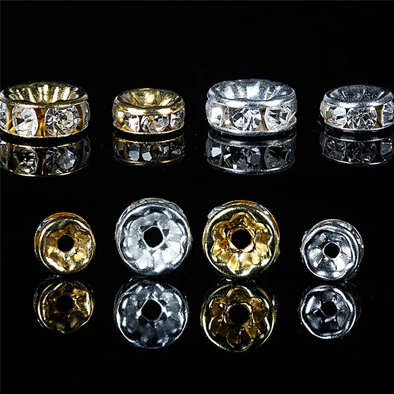 100Pcs 6/8mm Gold Silver Rhinestone Rondelles Crystal Beads Round Loose Spacer Beads For Jewelry Making DIY Accessories