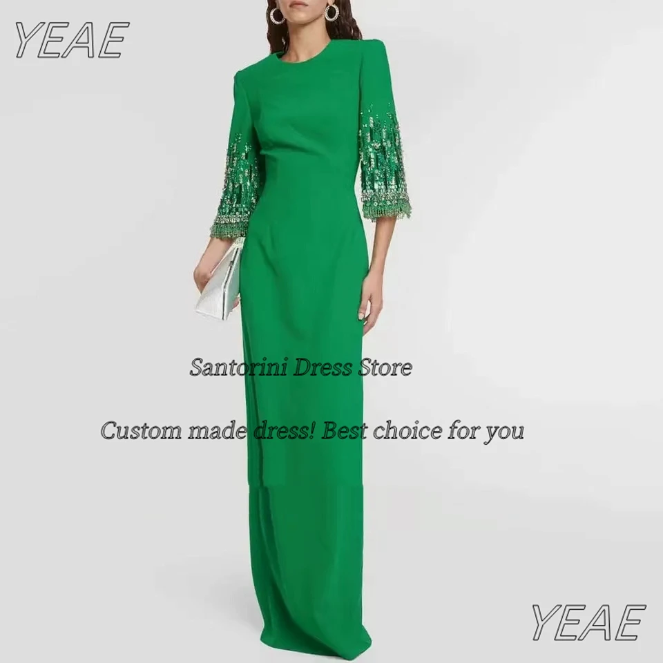 Santorini Green Evening Dresses 2024 Crew Neck Beaded Long Sleeves Prom Dress Back Slit Wedding Reception Party Gowns