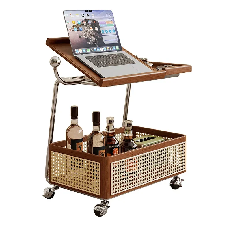 Solid Wood Side Table, Removable Storage, Second-hand Trolley, Living Room Sofa Storage Rack, Rattan Simple Dining Cart