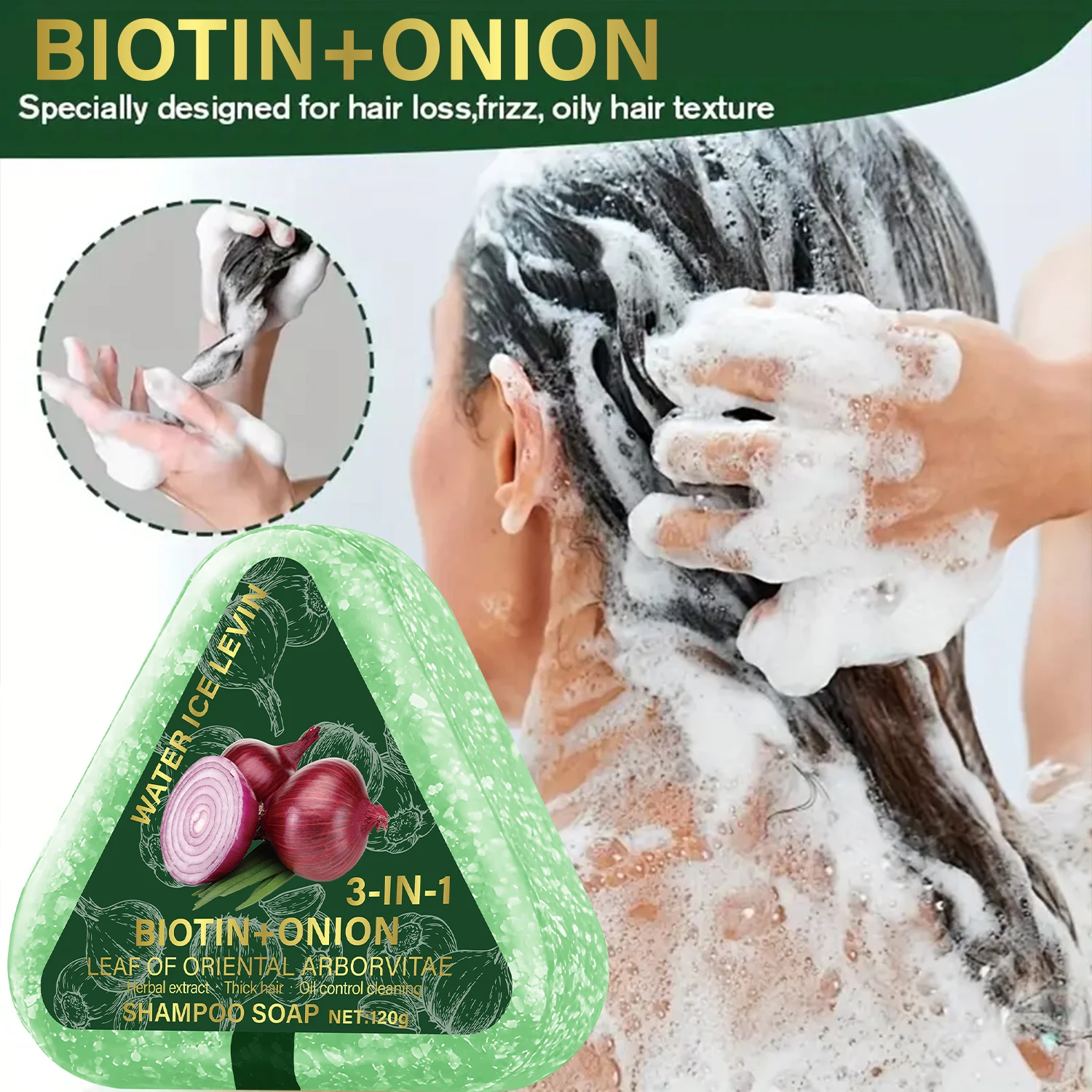 

Biotin Onion Hair Soap. 3-in-1 Formula. Plant Extracts Deep Cleaning. Healthy Black Shine. Smooth Non-Stick Comb. 120g Net.