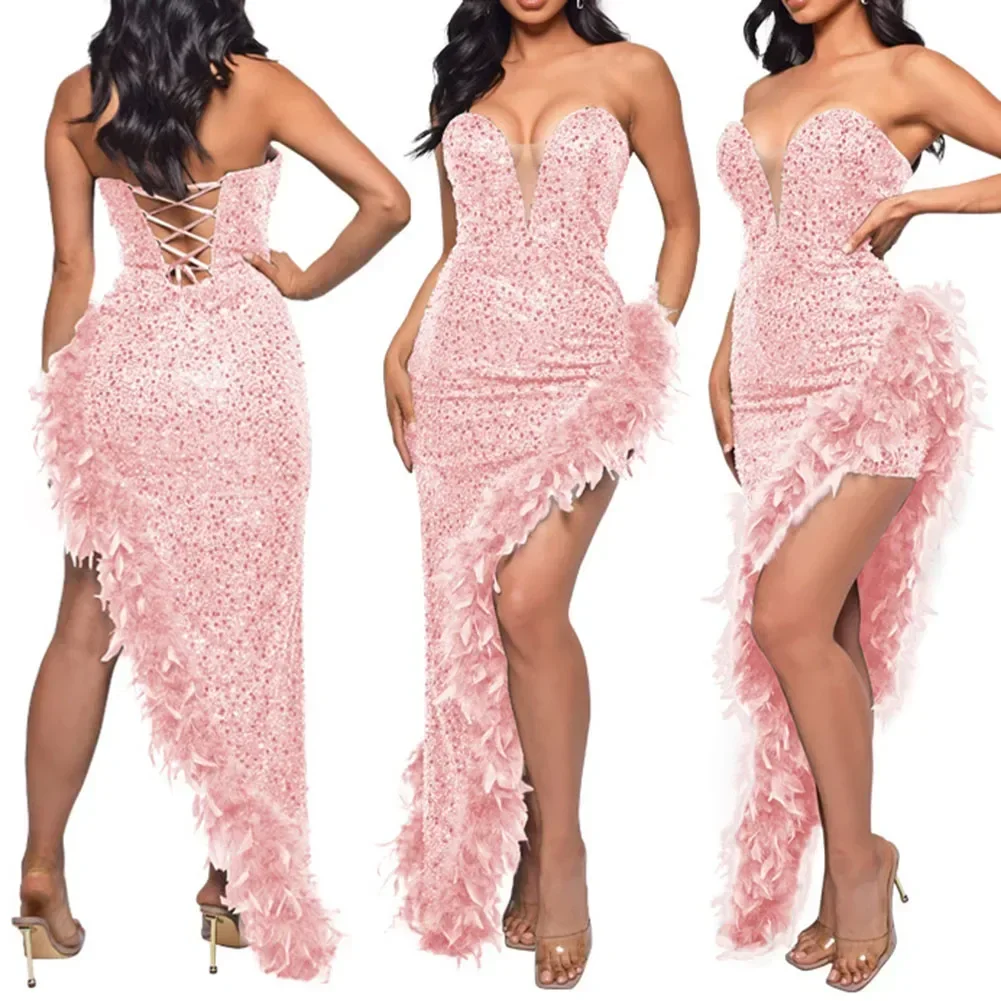 

Women Ladies Sequined Strapless Feather High Side Split Maxi Dress Sexy Club Event Party Wear V Neck