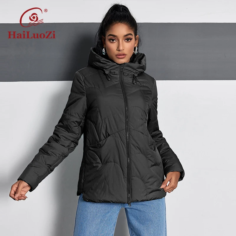 HaiLuoZi 2024 New Spring Women's Coat Short Thin Cotton Slim Parkas Slant Pockets Hooded Zipper Style Women Jacket 1231