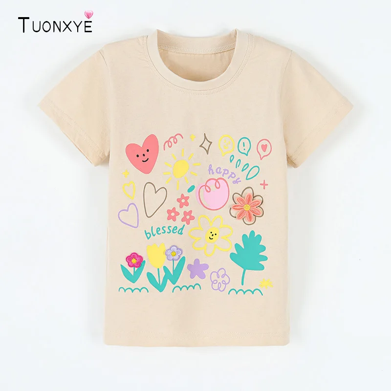 TUONXYE Mädchen-T-Shirt aus reiner Baumwolle für den Sommer, bunt, mit Cartoon-Blumenmuster, Happy Blessed-Buchstabendruck, kurzärmelig, weiches, lässiges T-Shirt