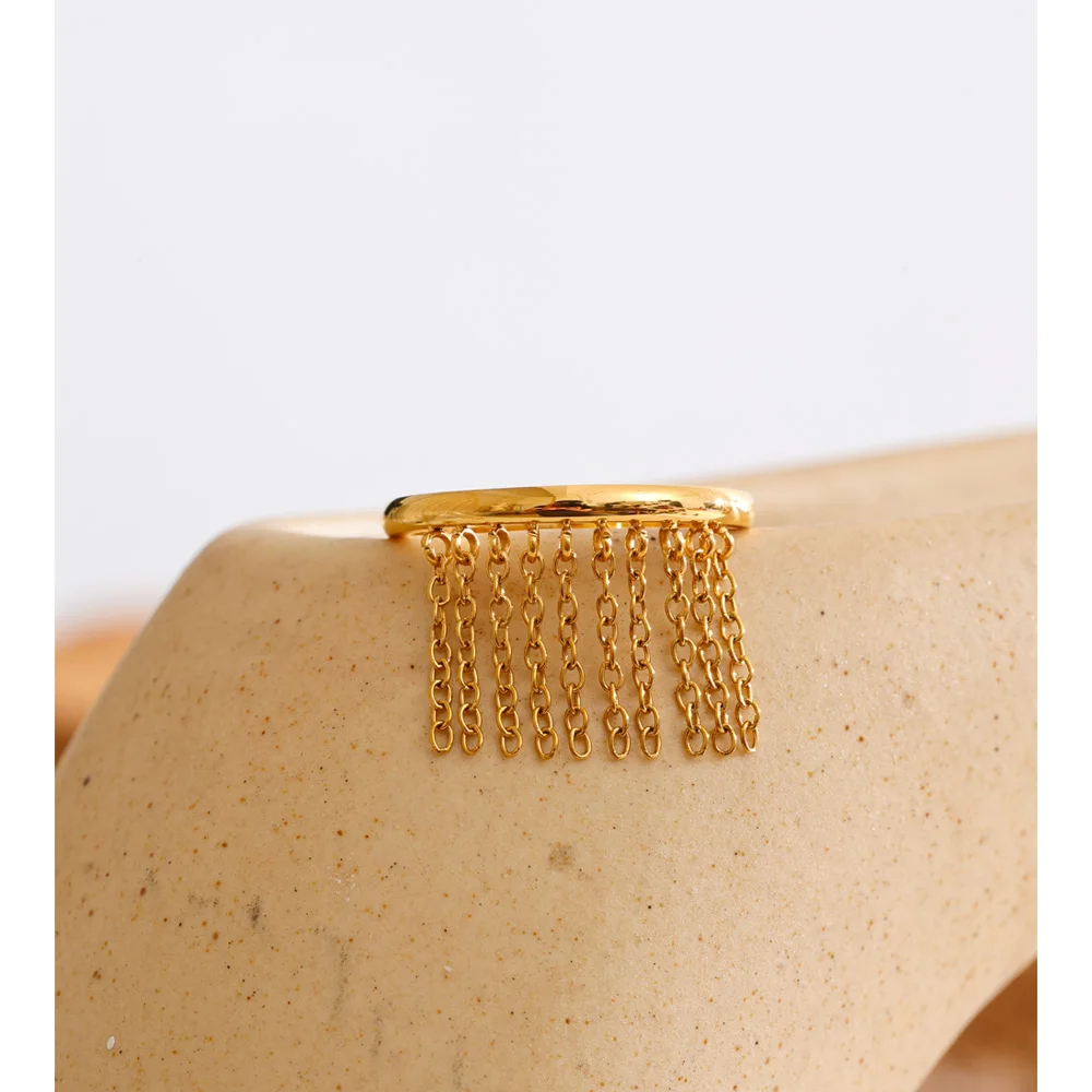Yhpup Size 678 Stainless Steel Tassel Chain Drop Ring 18K Golden PVD Plated Charm Chic Finger Jewelry Wholesale