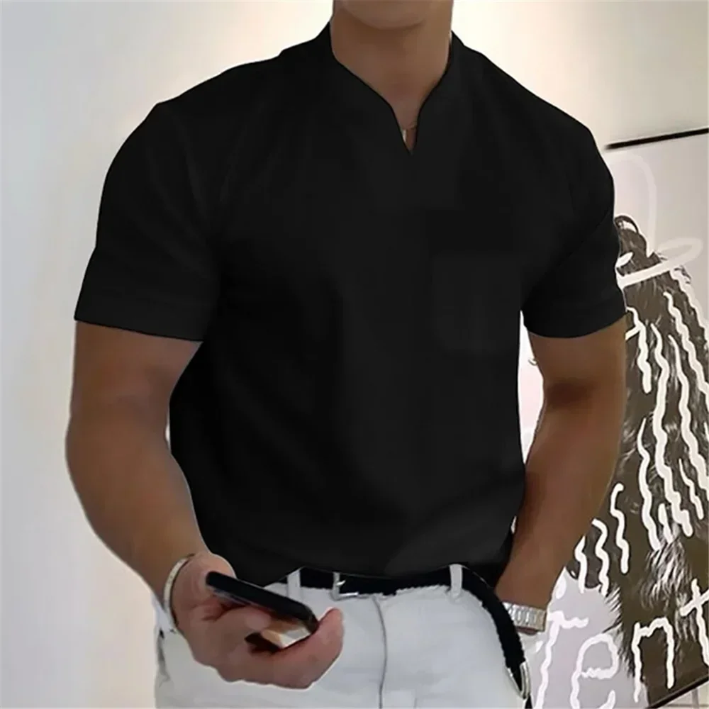 2025 Summer New Men's Fashion Trend T-shirt Short Sleeve V-neck Top Elastic Cotton Fitness Sports Loose Large Size Clothing