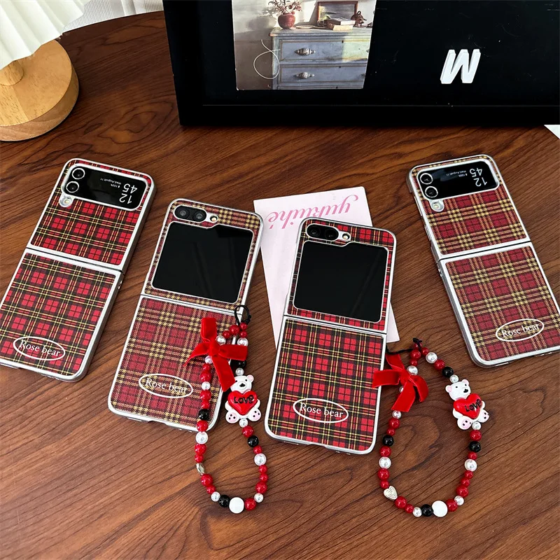 

Red Plaid Phone Case for Samsung Galaxy Z Flip 6 5 4 3 Protective Back Cover for ZFlip4 ZFlip5 ZFlip6 Case