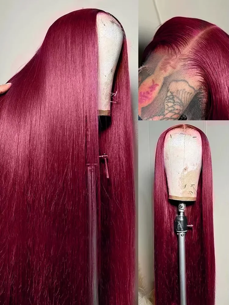 

Парик с кружевной передней частью 13x4, 250% плотность, цвет 99J Бордовый, 32 дюйма, прямые волосы цвета красного вина, перуанские HD безклеевые парики из натуральных волос с кружевной передней частью