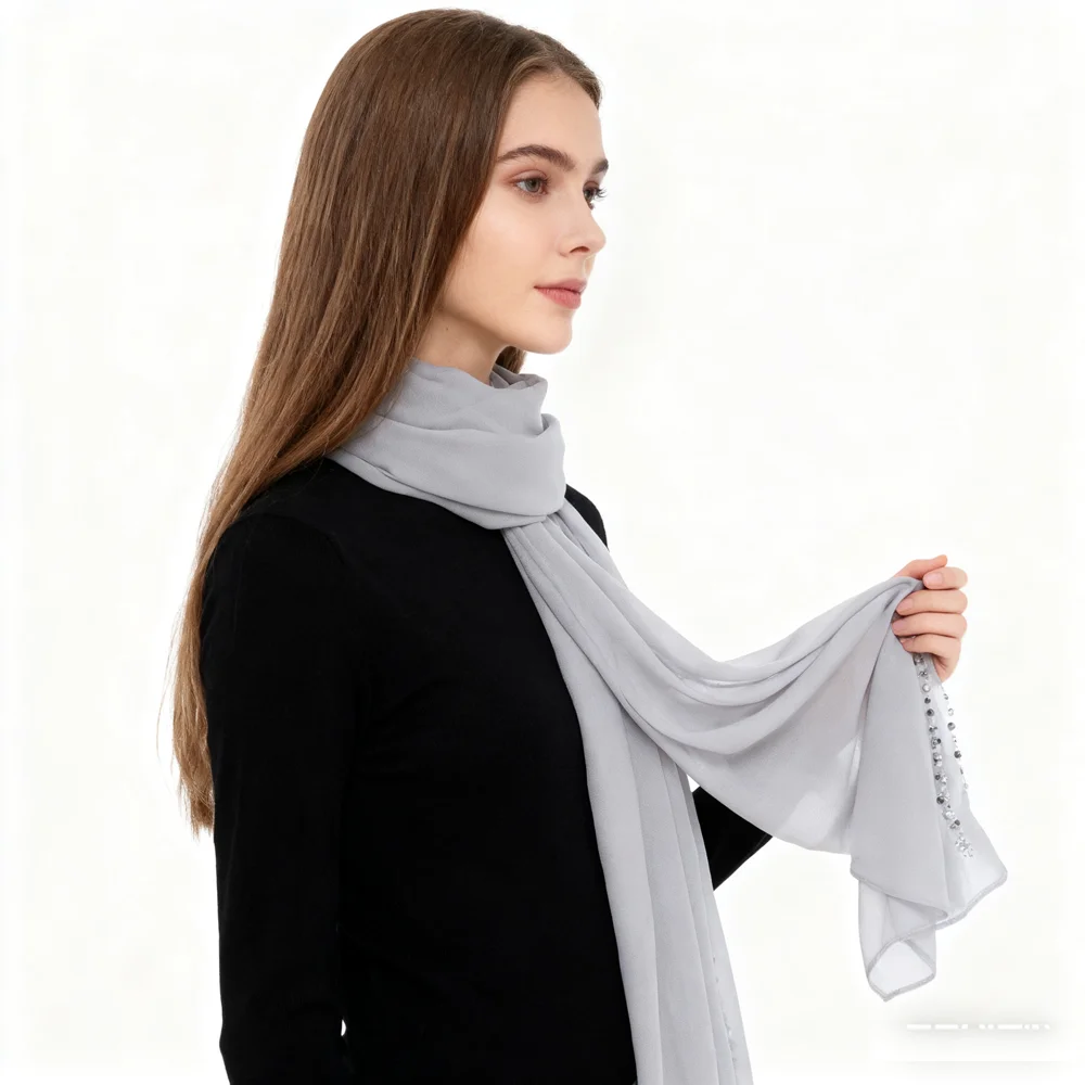 

16-цветный шифоновый длинный шарф с бриллиантами и бисером, Малайзийский платок, мусульманский хиджаб, женские шали с запахом, банданы, повязка на голову, Bufanda Foulard