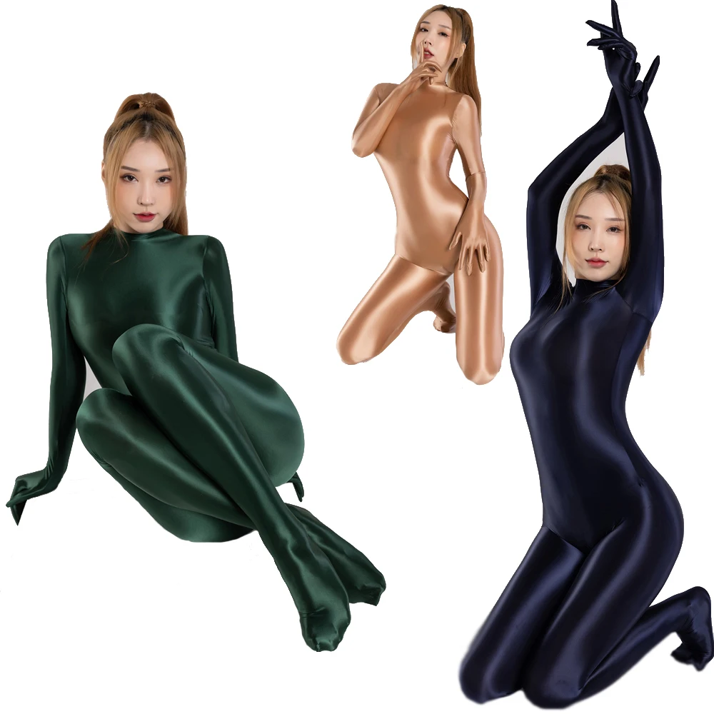 Shiny Glossy Satin Sexy Women\'s Long Sleeve Finger Gloves Zipper Back Full Length One-piece Bodysuit Silky Tights Zentai Catsuit