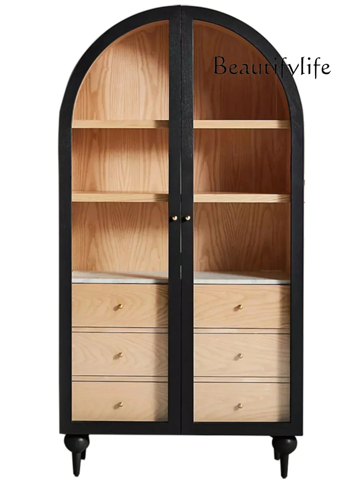 

American-Style Solid Wood Arched Wine Cabinet French Retro Side Cabinet Oak Nordic Glass Cabinet Double-Door Bookcase