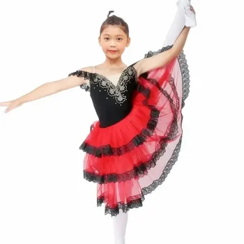 Saia longa tutu romântica de balé profissional, vestido preto vermelho espanha, vestido de performance de balé infantil adulto