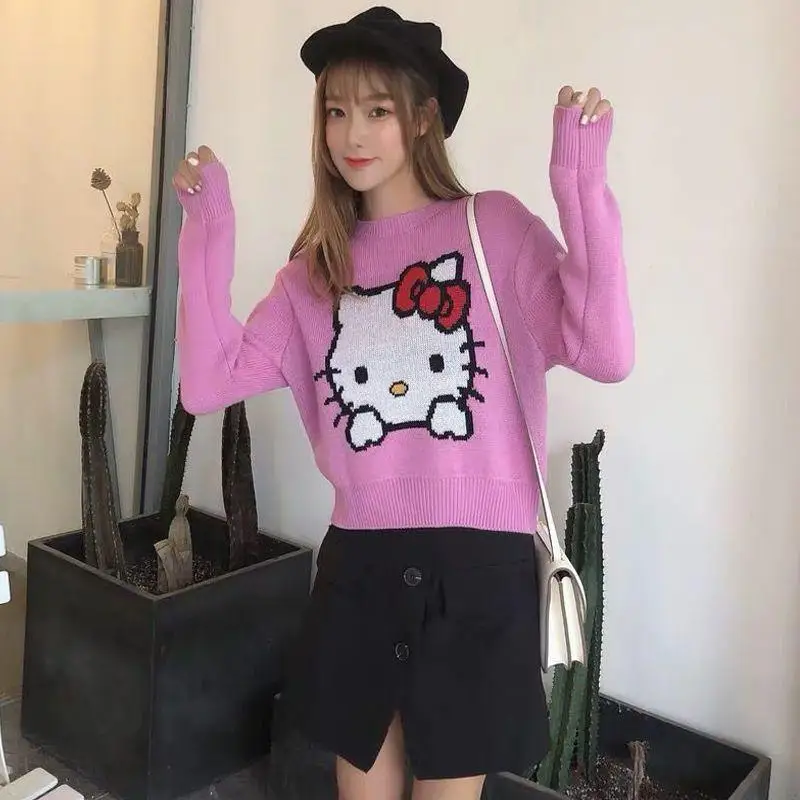 Cartoon Hello Kittys Long Sleeve Knitwear Women Crop Tops Fashion Sweater Slim Fit Korean Cartoon All Match Round Neck Pullovers