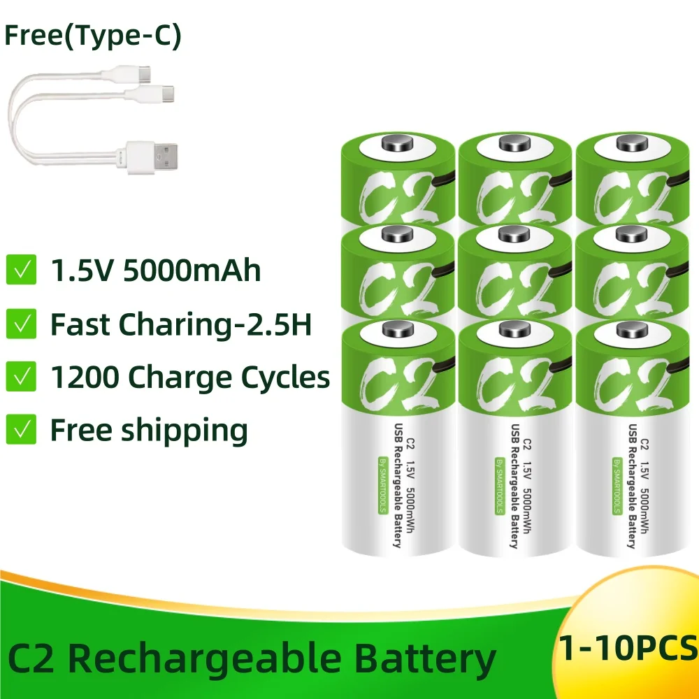 

1.5V 5000mWh LR14 C Size Li-po Rechargeable Battery Type-C Ultra-Fast USB Charging Lithium Battery For Flashlight Gas Cooker