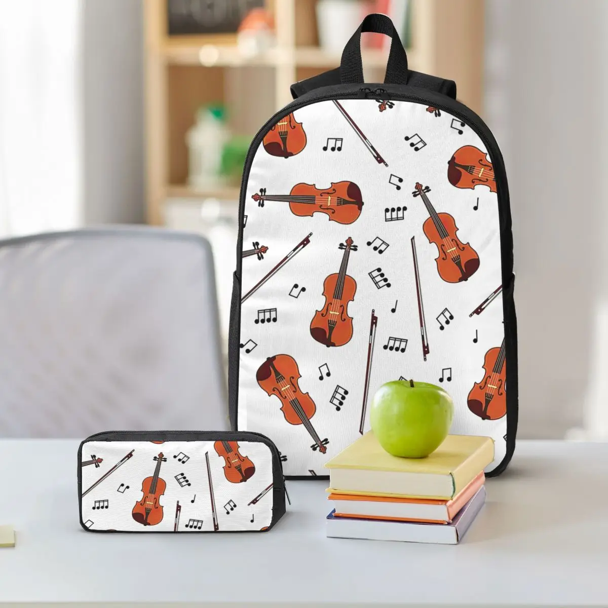 Violino e note musicali Zaino Studente Ragazzi Ragazze BookBag Borsa da scuola Borse a tracolla per laptop Borsa da pranzo isolata 3ps Astuccio