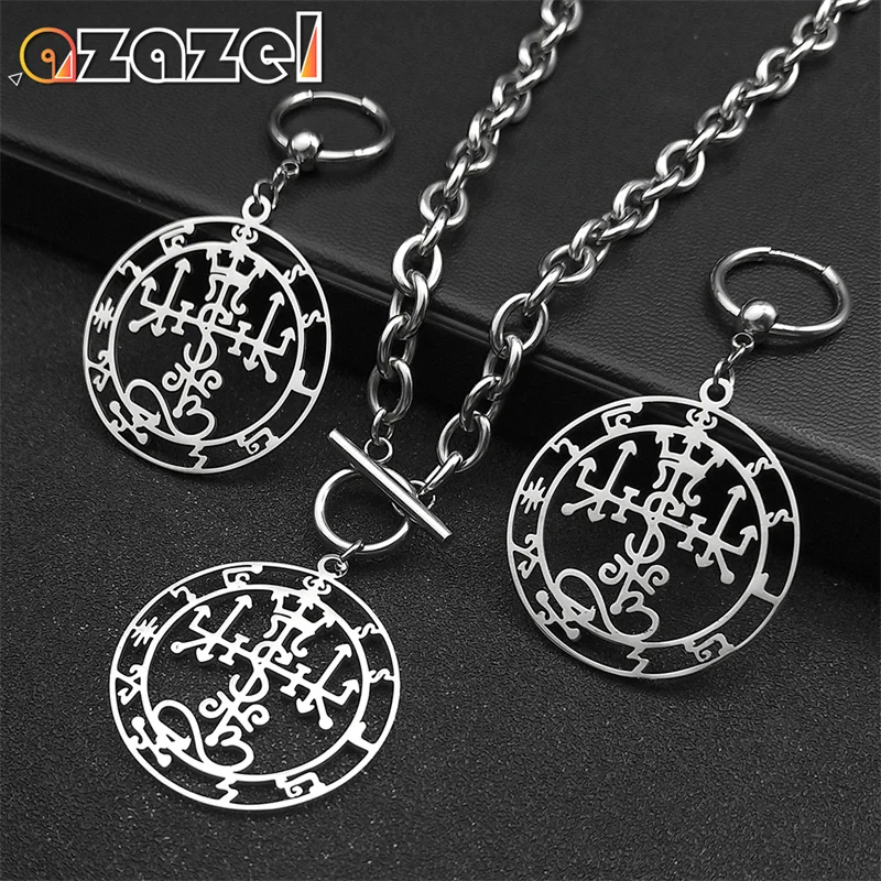 

Unifying Symbol of Satan Stainless Steel Necklace Earrings Set For Women Men Stainless Steel Silver Color Jewelry Set Party Gift