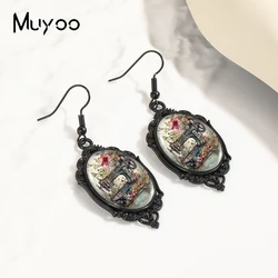 2024 New Arrival Fashion Vintage Sewing Machine Glass Cabochon Fish Hook Earrings Handmade Black Pumpkin Dangles