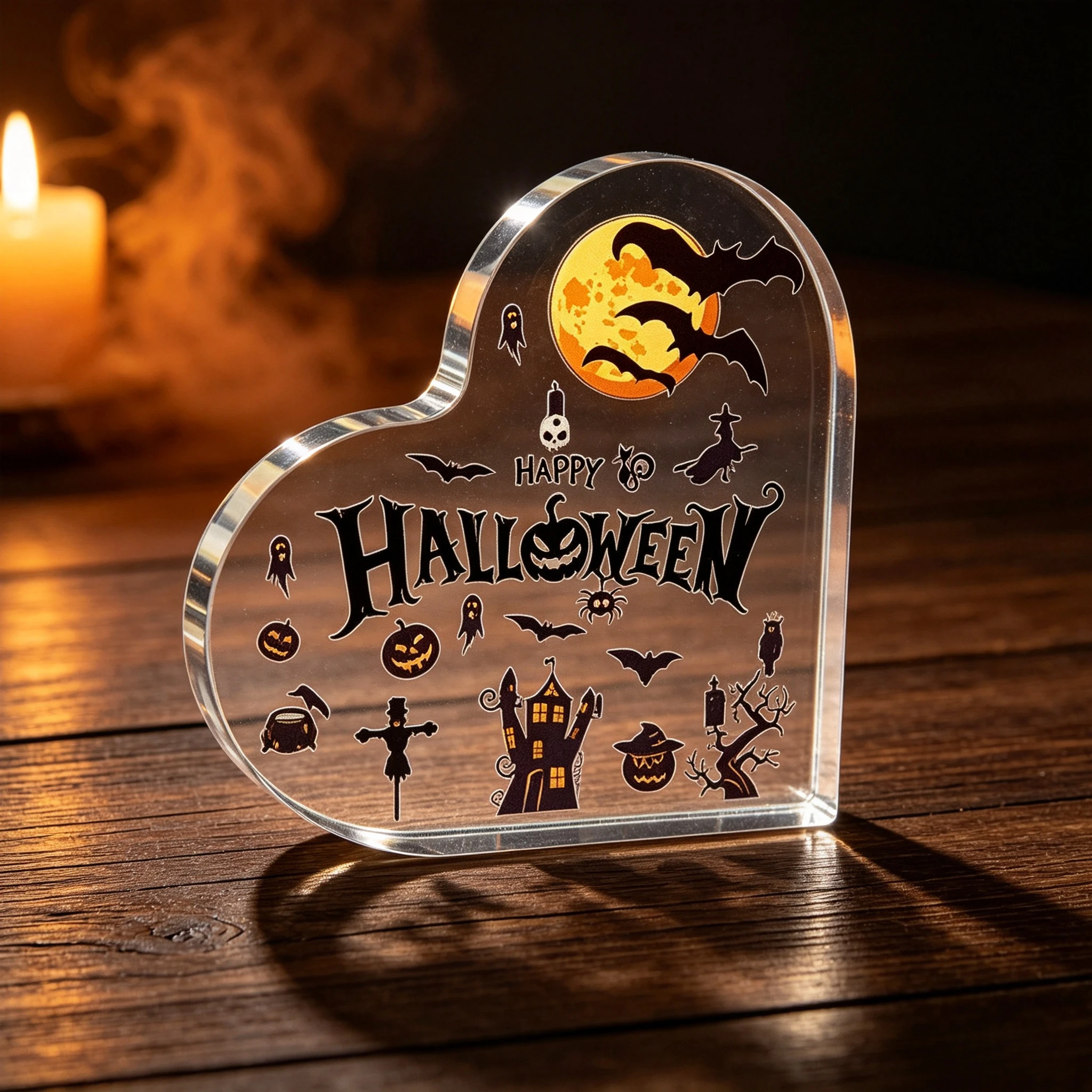 Fall Halloween Heart Acrylic Keepsake Plaque, Scarecrow Spider Tabletop Decoration