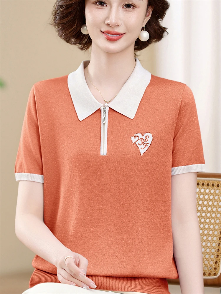 

Summer New Zipper irt Silk Rayon Knitted Top Thin Small irt for Middle-Aged And ly Women Faionable Loose Fit