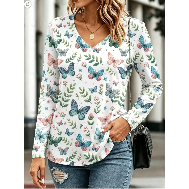 Plus Size Women's Vintage V Neck Long Sleeve T Shirt Full Body Geometric Block Color Print Oversized Top Perfect for Fall Winter