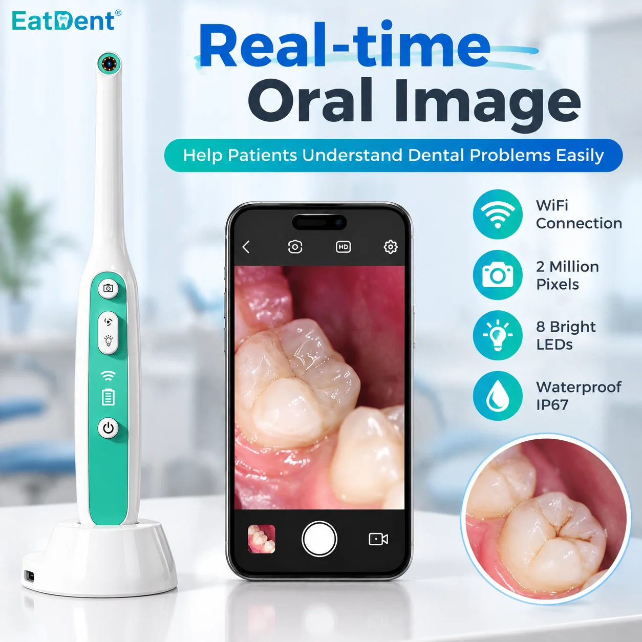 Endoscope Camera with 8 Adjustable LED Lights Visual Mouth Camera WiFi Intraoral Camera Dental 2MP Image System Inspection Tool