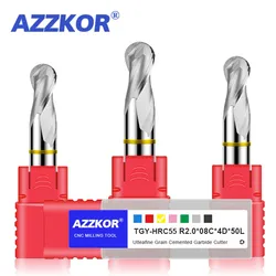 AZZKOR Tungsten Steel Carbide For Aluminu Milling Cutter 2F Color-Ring Coating CNC Mechanical Ball End Endmills Tools TGY-HRC55