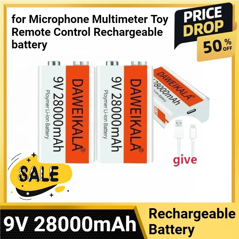 

9V 28000mAh li-ion battery Type-C Battery 9v for Microphone Multimeter Toy Remote Control Rechargeable battery
