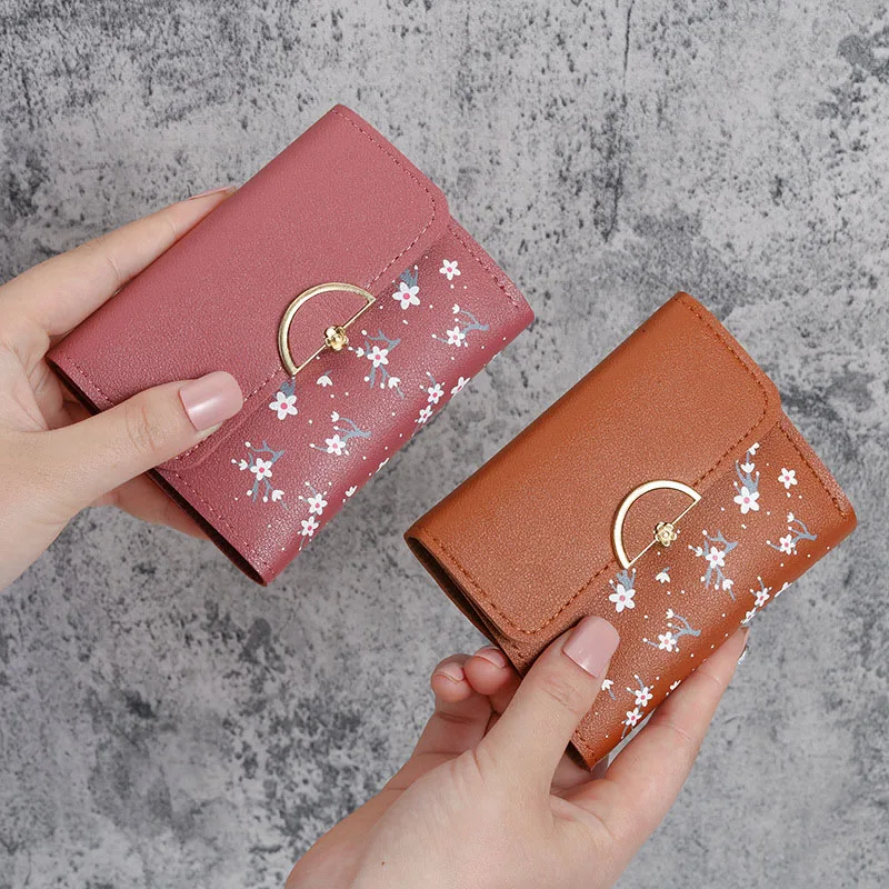 Women Wallet Flower Printed Design Zipper Coin Purse Decoration Money Bag Simple Card Holder Contrast Color PU Leather