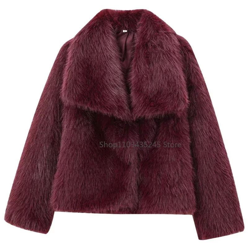 2025 New  Women's Fur Coat Women Plush Burgundy Bomber Jacket Solid Crop Long Sleeve Jacket Warm Winter Coats Woman Casual Coats