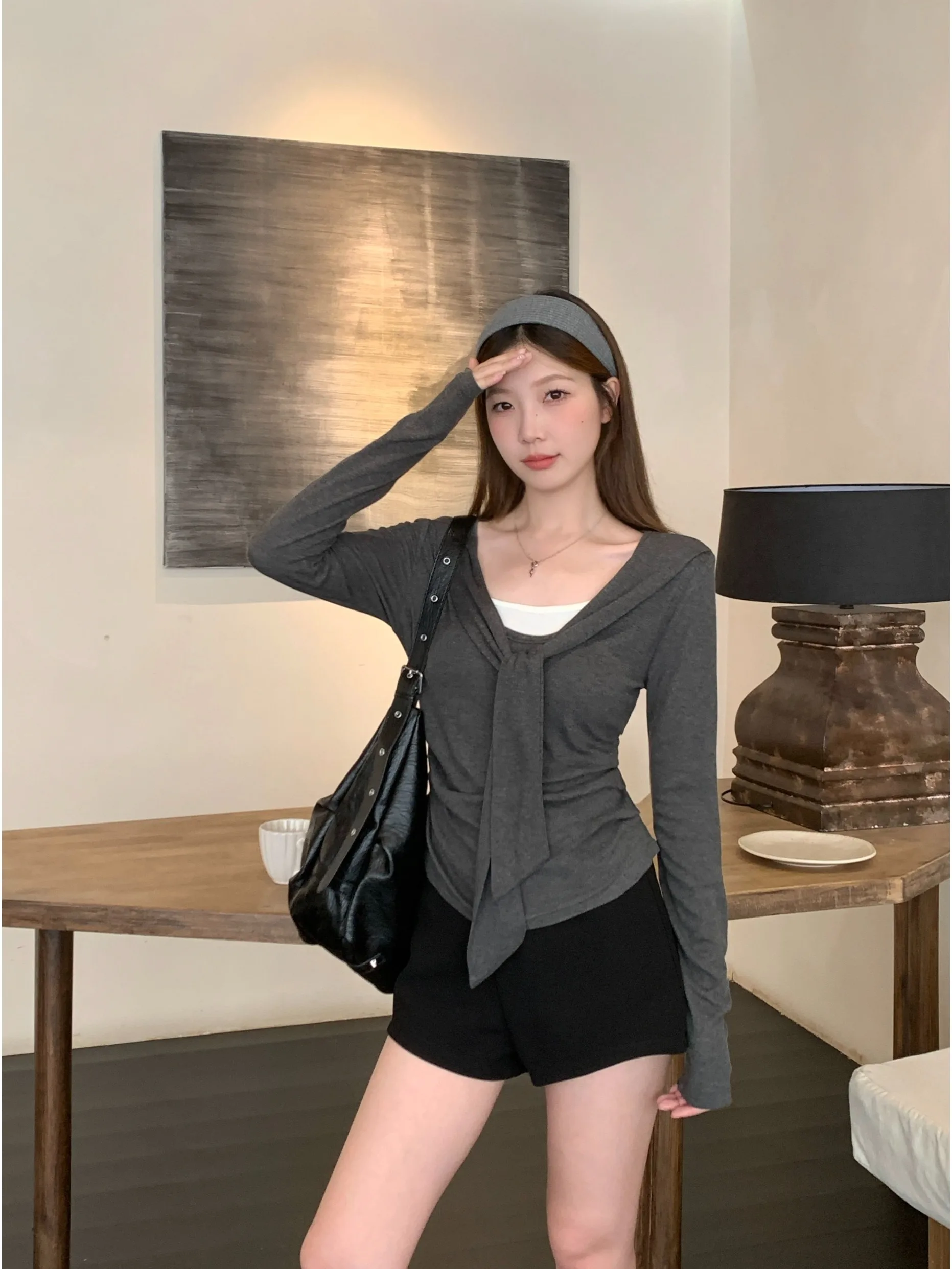 

plus Size Women's Long Sleeve T-Shirt Color Block Belt Design Slimming Effect Early Autumn New Style Commute Style Korean Ver...