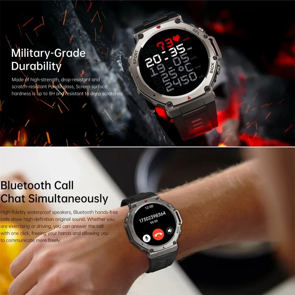 T-Rex3 GPS Smartwatch Military Watches for Man 5ATM Waterproof 170+ Sport Mode Built-in GPS BT Call Compass Smart Watch 2025 New
