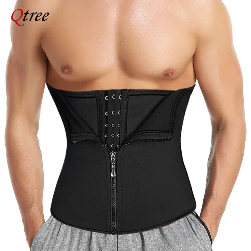 Qtree Men Hot Neoprene Slimming Trimmer Hooks Belt Sauna Sweat Body Shaper Corset Fitness Double Tummy Control Strap Weight Loss