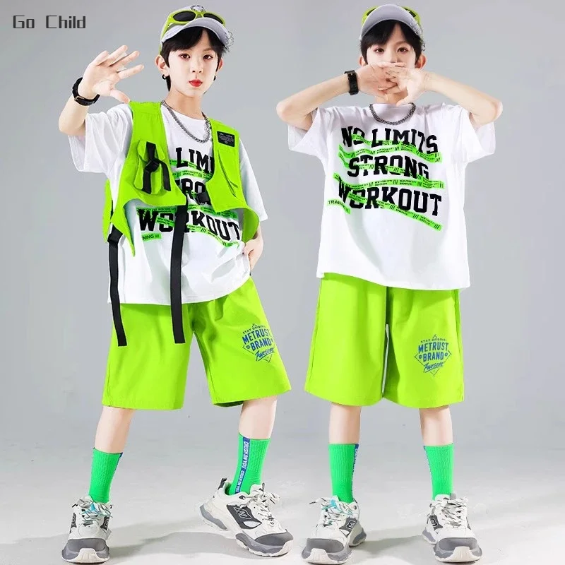 Girls Hip Hop Solid Vest T-shirt Cargo Pants Boys K-pop Street Dance Shorts Clothes Sets Kids Jazz Costumes Children Streetwear