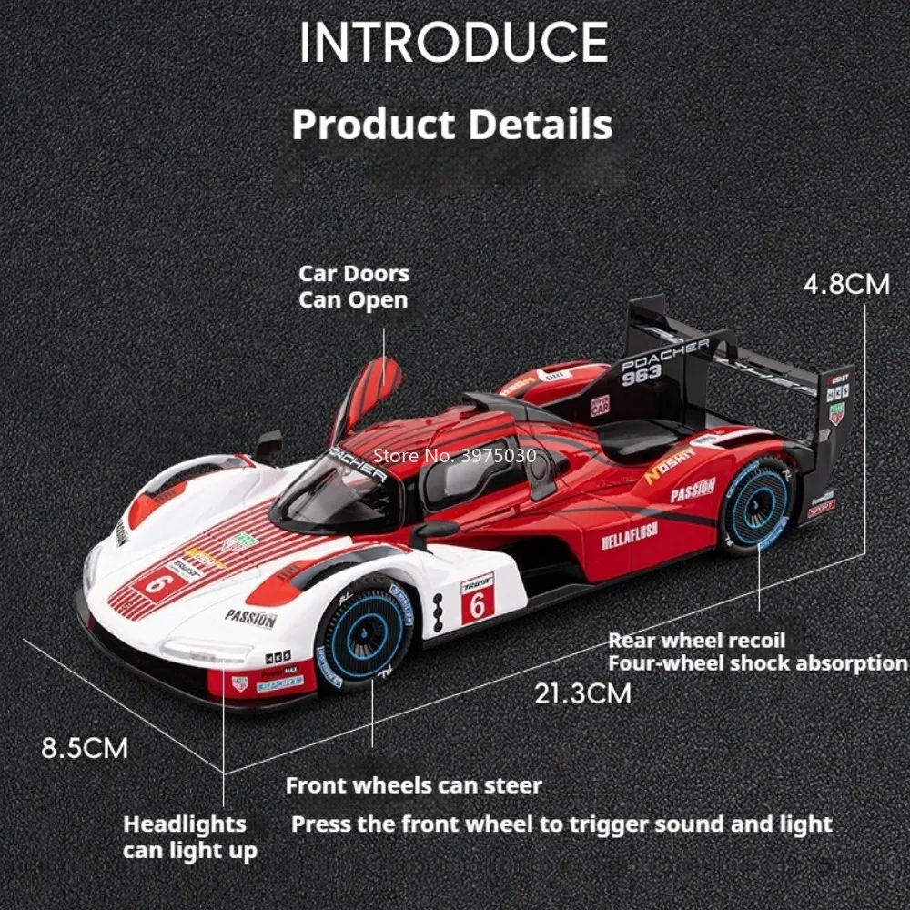 1:22 ポルシェ963レーシングカー合金ダイキャストおもちゃモデルドア開閉ミニチュア車両ホイールプルバックミニチュアカーオーナメントギフト