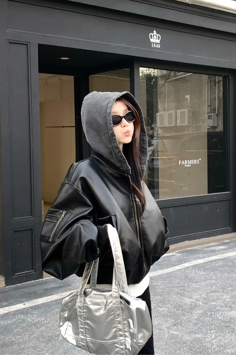 

Hooded PU Leather Jacket On Both Sides PU leather coat Women's Winter Jacket With Cotton Padding Thickened Short Motorcycle Suit