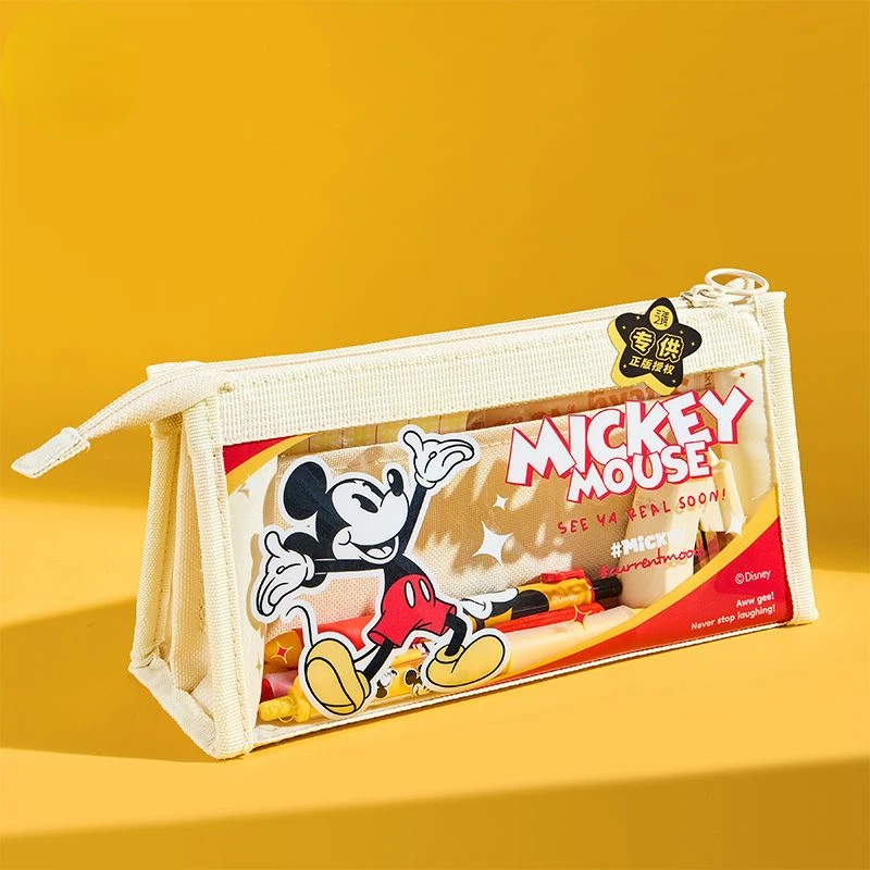 Disney Mickey Mouse Pencil Case Cartoon Transparent Large Capacity Pen Bag Anime Cute Student School Stationery Storage Bag Gift