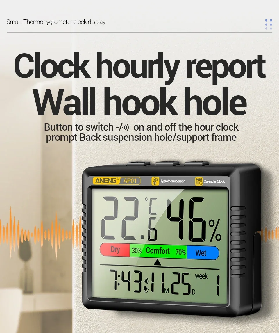ANENG AP01 LCD Digital-Thermo-Hygrometer, elektronische Innenuhr, Multiszenenmessung, Lufttemperatur-Hygrometer, Testwerkzeuge – Detail 6