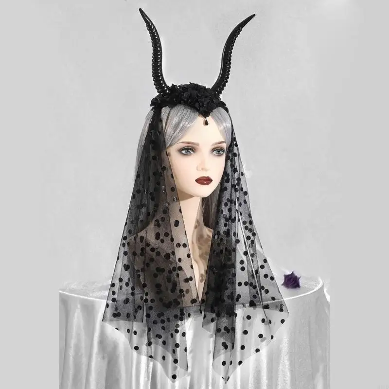 M6CD Halloween Thema 3D Horn Stirnband Punk Kostüm Haarhoop mit Schleier für Cosplay