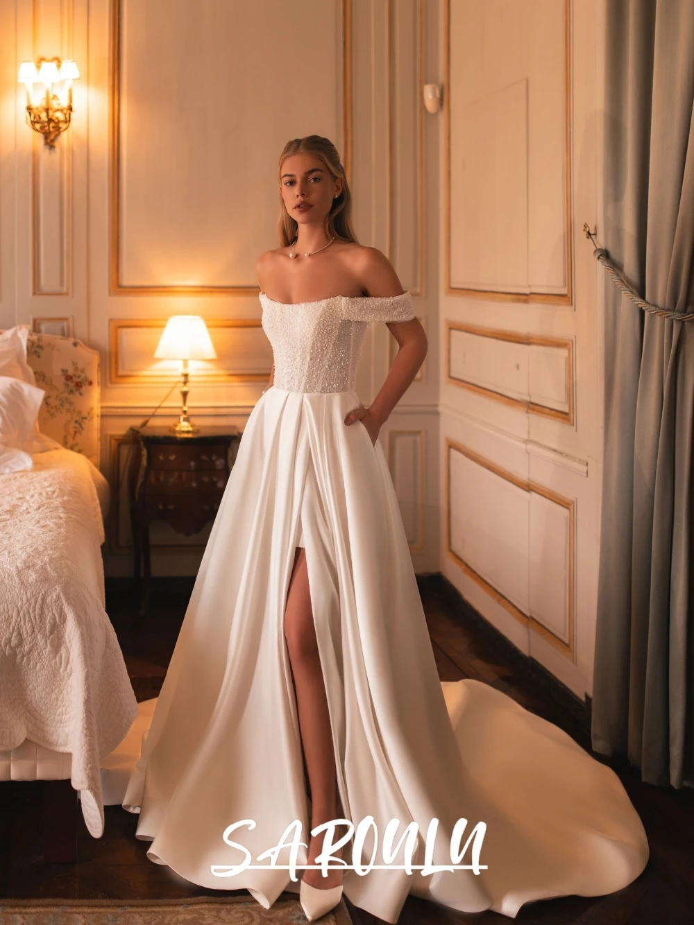 

Elegant Off Shoulder Pearls Delicate Wedding Dress Customized Princess Modern Satin A Line Low Back Bridal Gown With Slit