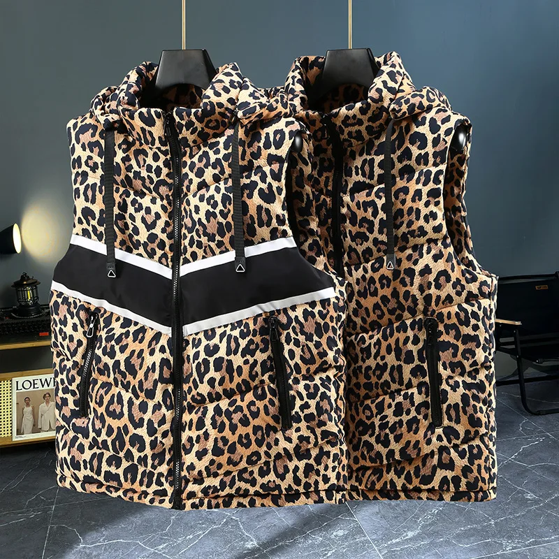 Autumn Winter New Fashion Men's Simle Basic Leopard Casual Trendt Sleeveless Detachable Hooded Vests Male Clothes Clothes Coats