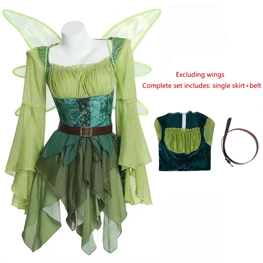 Disfraz de Elfo Medieval Verde para Mujer, Vestido de Hada Mágica con Cinturón y Alas, Disfraces de Halloween, Disfraz de Elfo para Cosplay