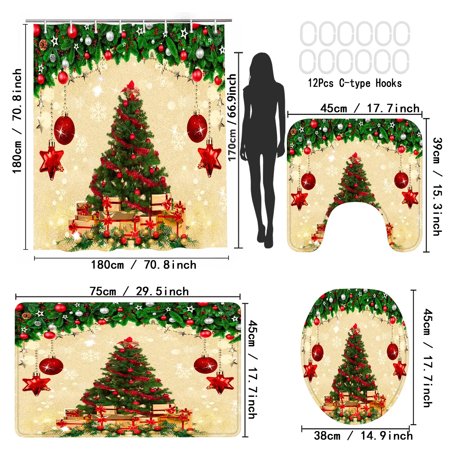 LVRLVR 4Pcs Christmas Classic Style Xmas Tree Ball Snowflake Bathroom Shower Curtain Set 70.8x70.8 Inch
