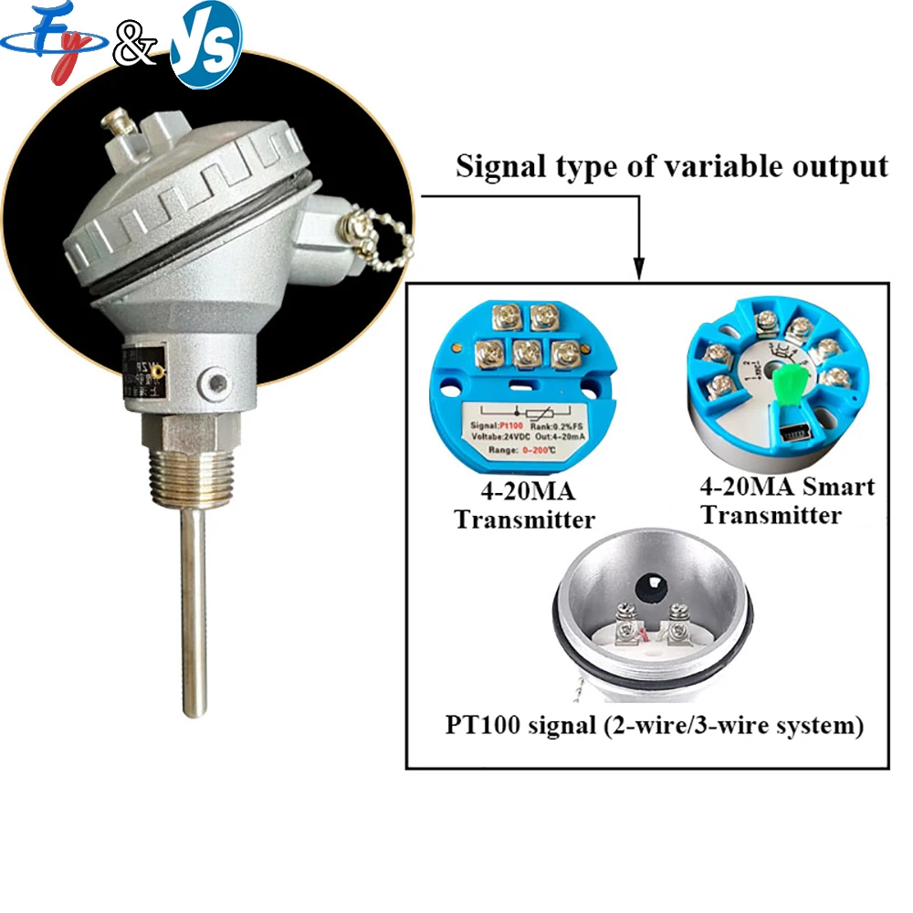 K-type PT100 Temperature Sensor Probe, Stainless Steel Industrial Thermocouple with Connection Head for Pipe Measurement