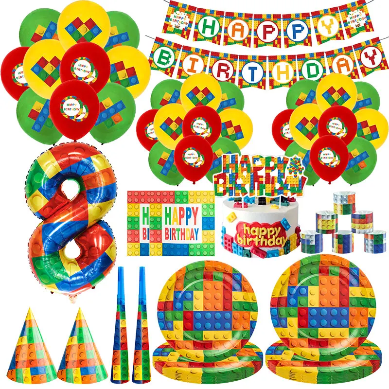 Building Blocks Birthday Party Decoration Birthday Supplies Tableware Cup Plate Balloon Banner Backdrop Kid Event Party Supplies