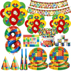 Building Blocks Birthday Party Decoration Birthday Supplies Tableware Cup Plate Balloon Banner Backdrop Kid Event Party Supplies